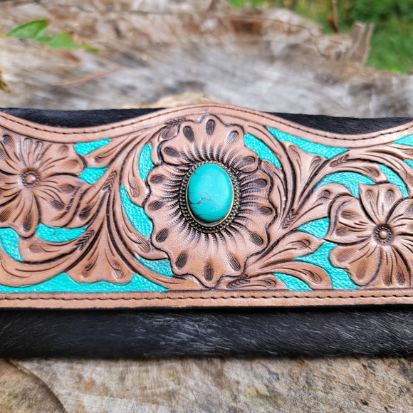 Myra Bag Turquoise and Brown Floral Leather Wallet - Picture 2 of 7